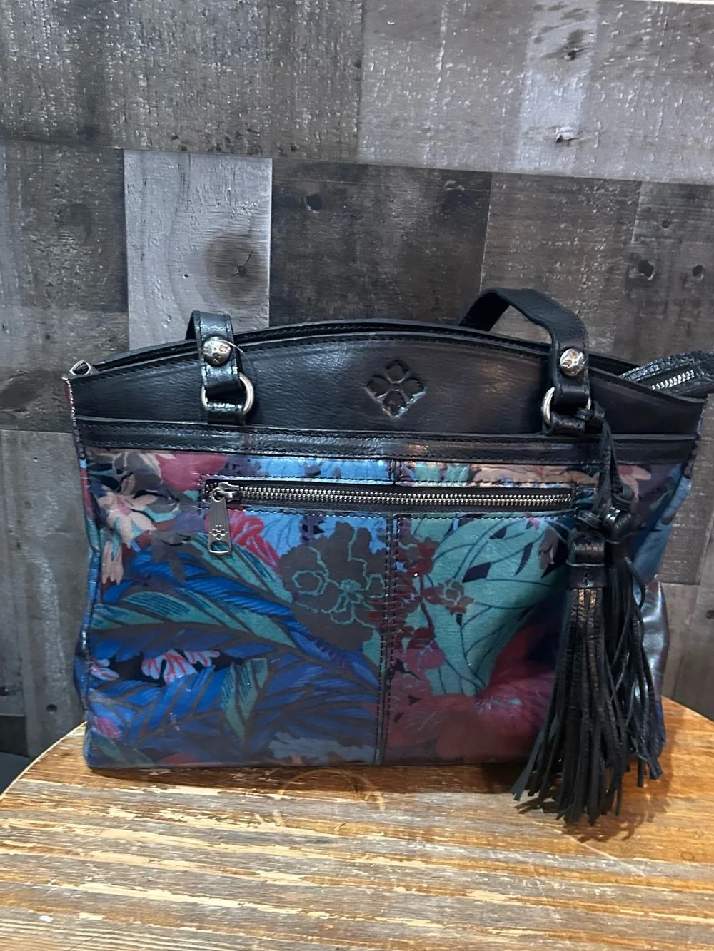 Patricia Nash Floral Leather Shoulder Bag in Burgundy, Blue and Black